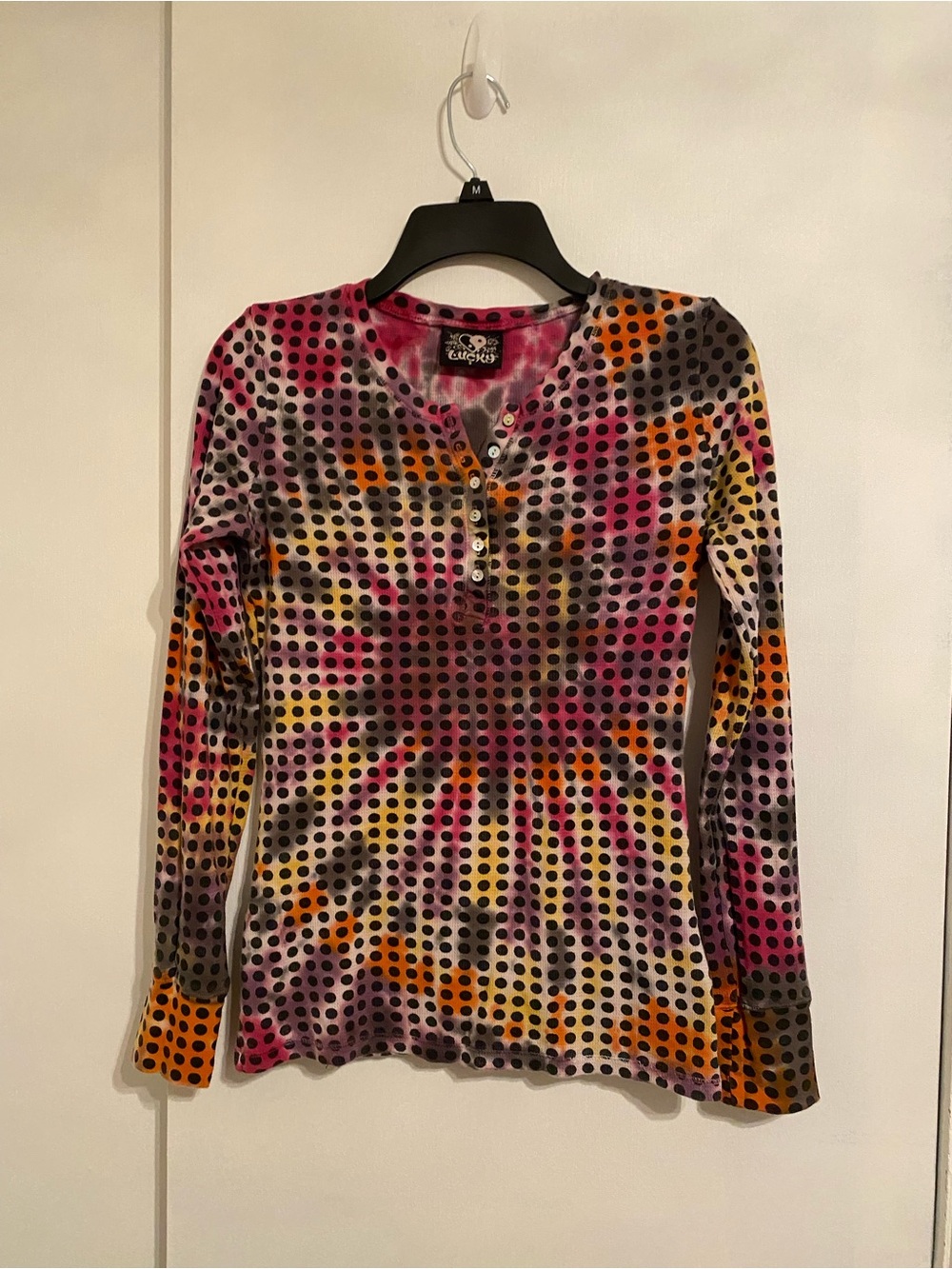 Women’s Long Sleeve Henley Top in Multicolor Dot Print, Streetwear, Boho, Small